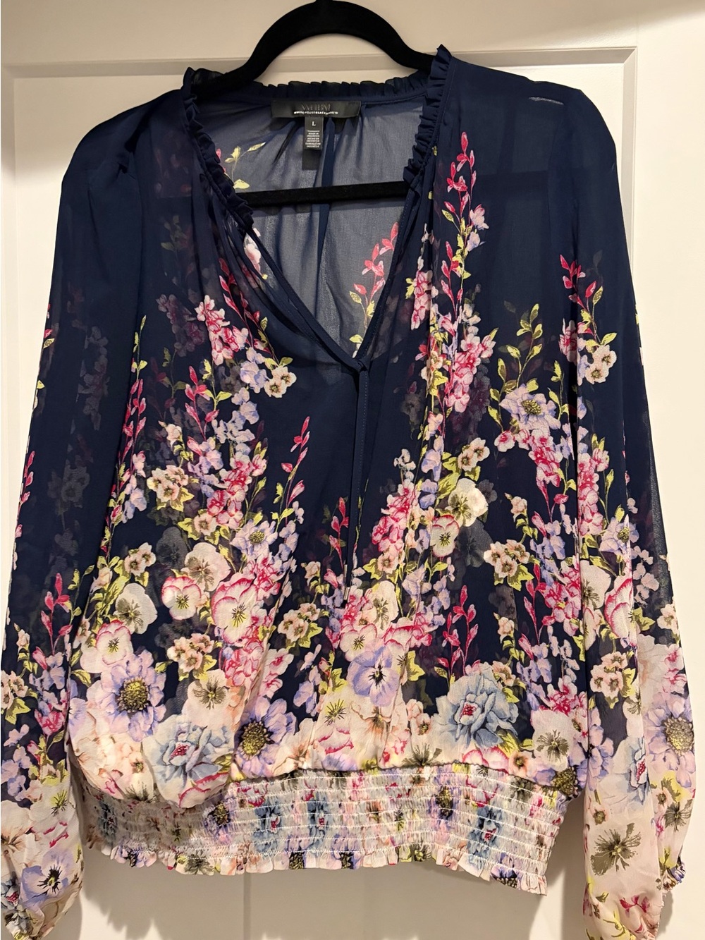 White House Black Market Navy Floral Sheer V-Neck Blouse with Smocked Hem